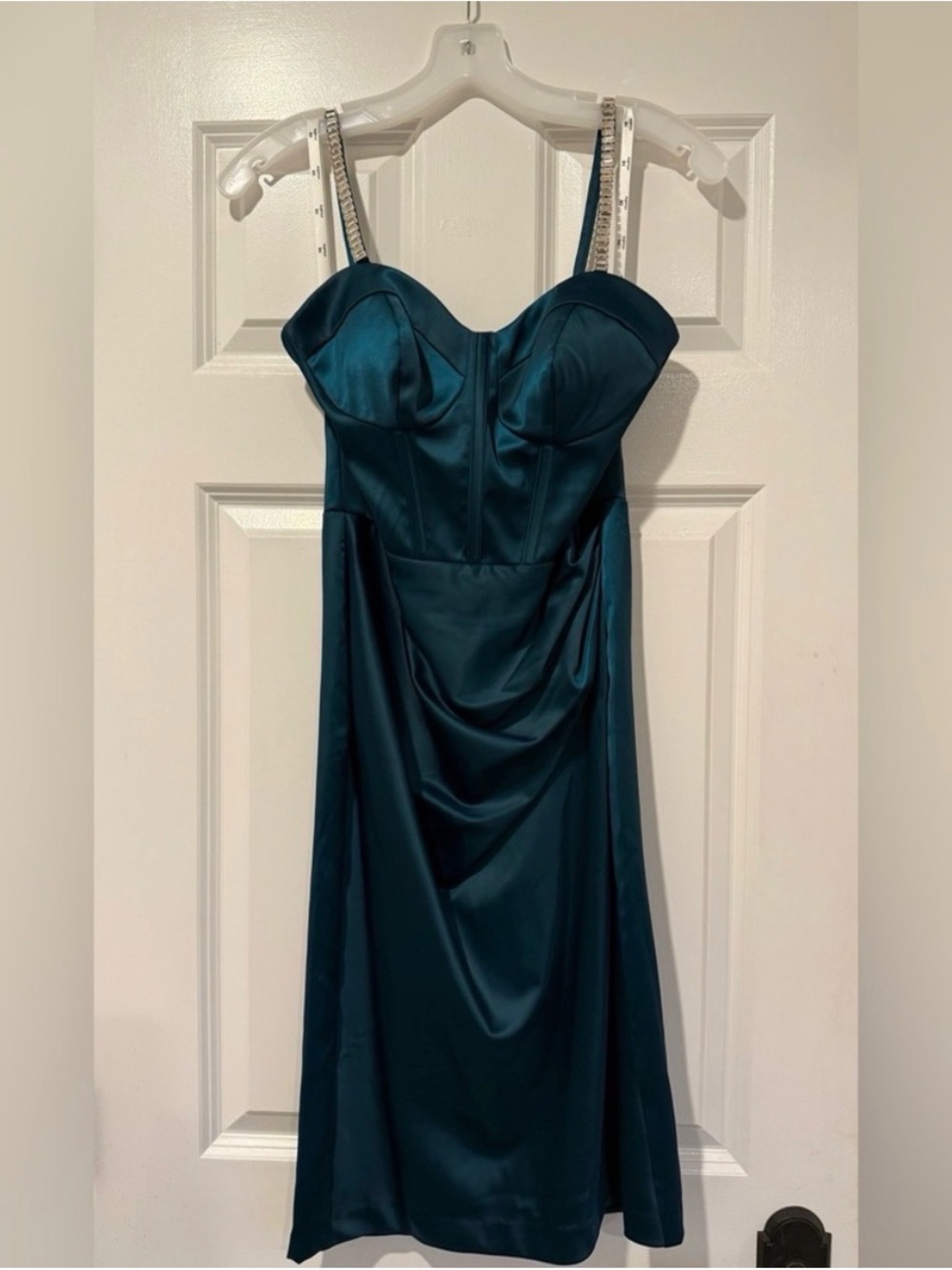 DB Studio Satin Corset Midi Dress w/Rhinestone Straps Emerald Green NWT Size 2 - Picture 2 of 5